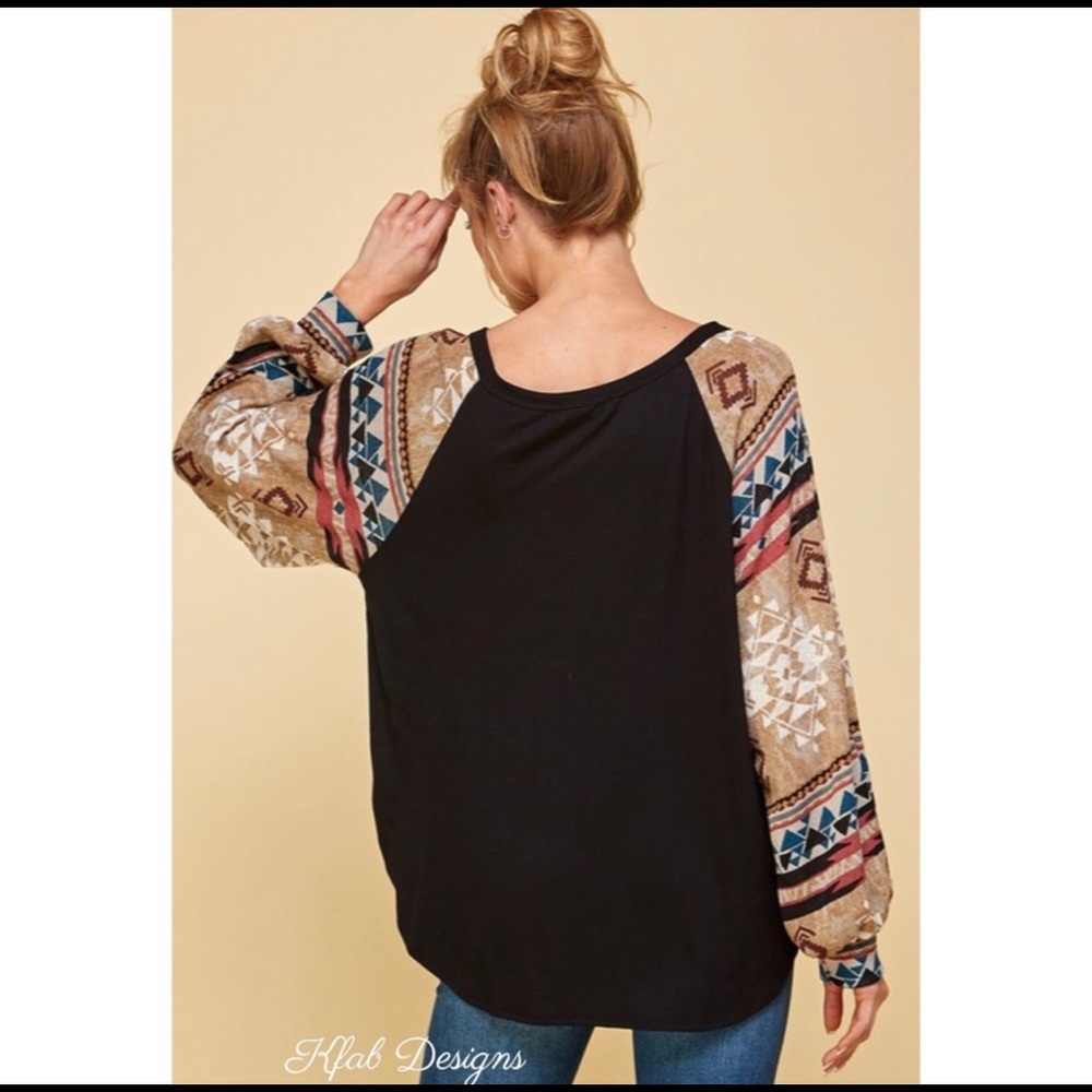 New! Sale 🔥Tribal Aztec V Neck Puff Long Sleeve Super Soft Top - Picture 6 of 8